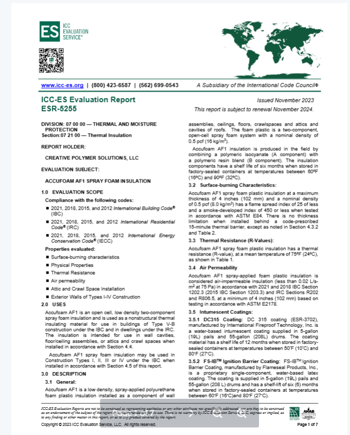 Accufoam AF1 Evaluation Report ESR-5255