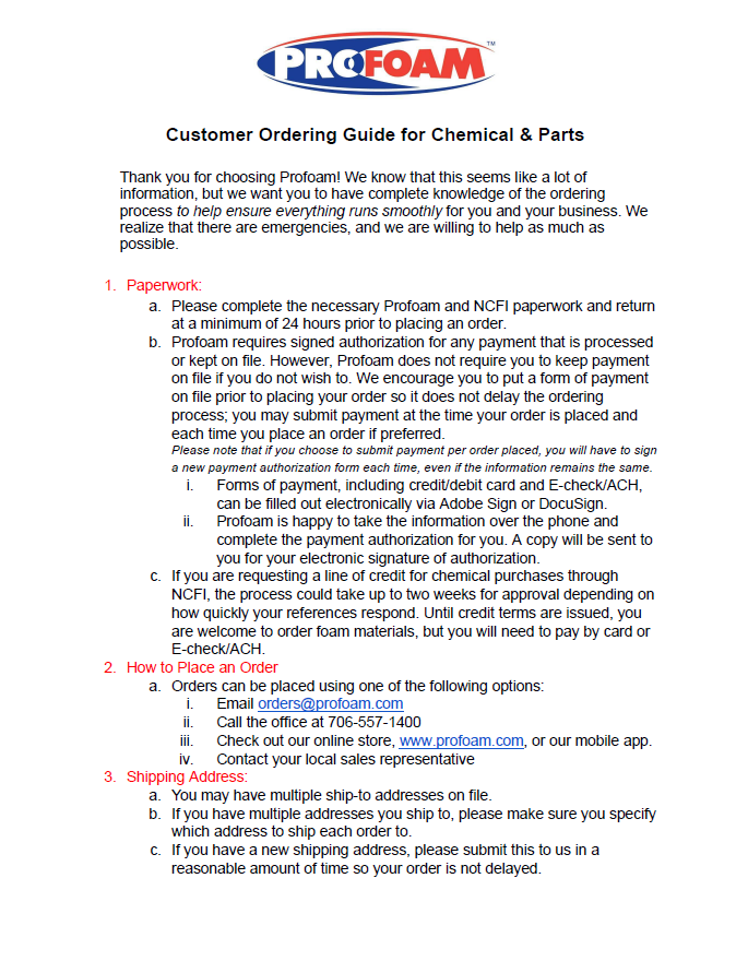Profoam Customer Ordering Guide