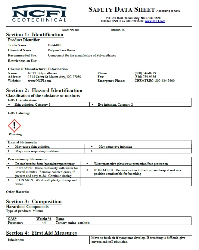 NCFI 24-010 B Side Safety Data Sheet (SDS)