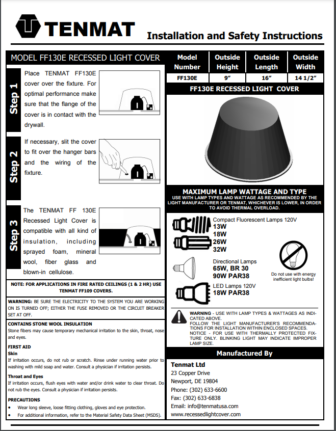 Tenmat FF130E Recessed Light Cover Installation Instructions
