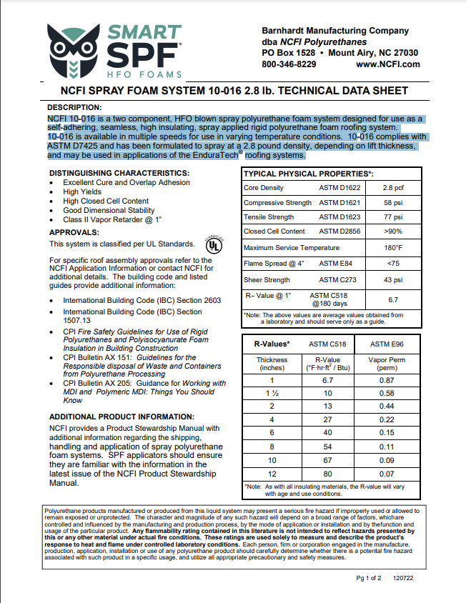 NCFI 10-016 2.8#  HFO Roofing Foam Technical Data Sheet (TDS)