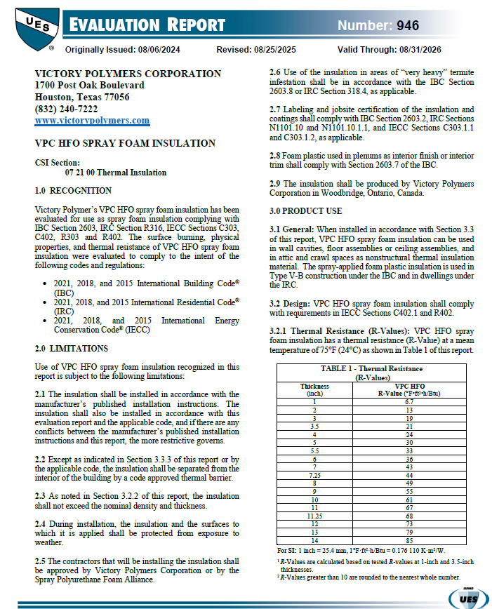 VPC HFO Spray Foam Insulation Evaluation Report-0946