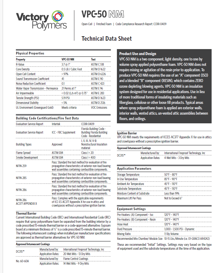 VP Open Cell Technical Data Sheet (TDS)
