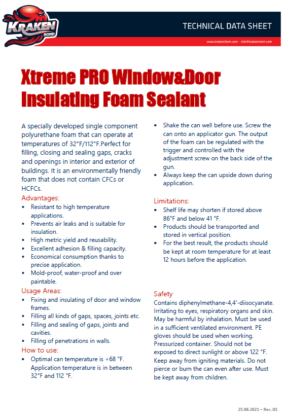 Kraken Bond Xtreme Pro Window & Door Foam Technical Data Sheet (TDS)