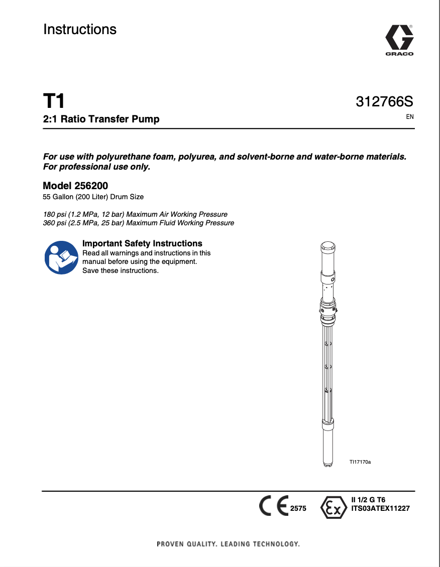 Graco T1, 2:1 Ratio Transfer Pump Manual, 312766 Rev S | Profoam