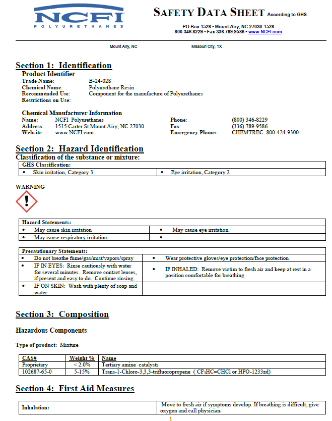 NCFI B-24-028 Safety Data Sheet (SDS)