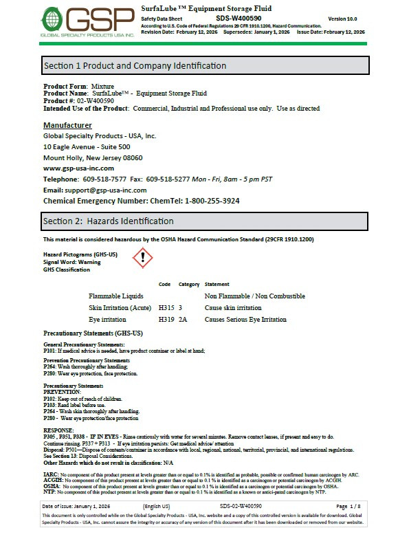 GSP Surf a Lube Storage Fluid Safety Data Sheet (SDS)
