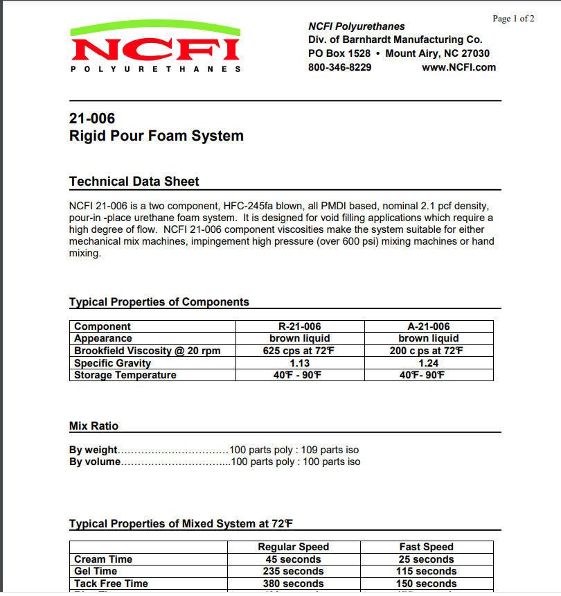 NCFI Rigid Pour Foam 21-006 Technical Data Sheet (TDS)
