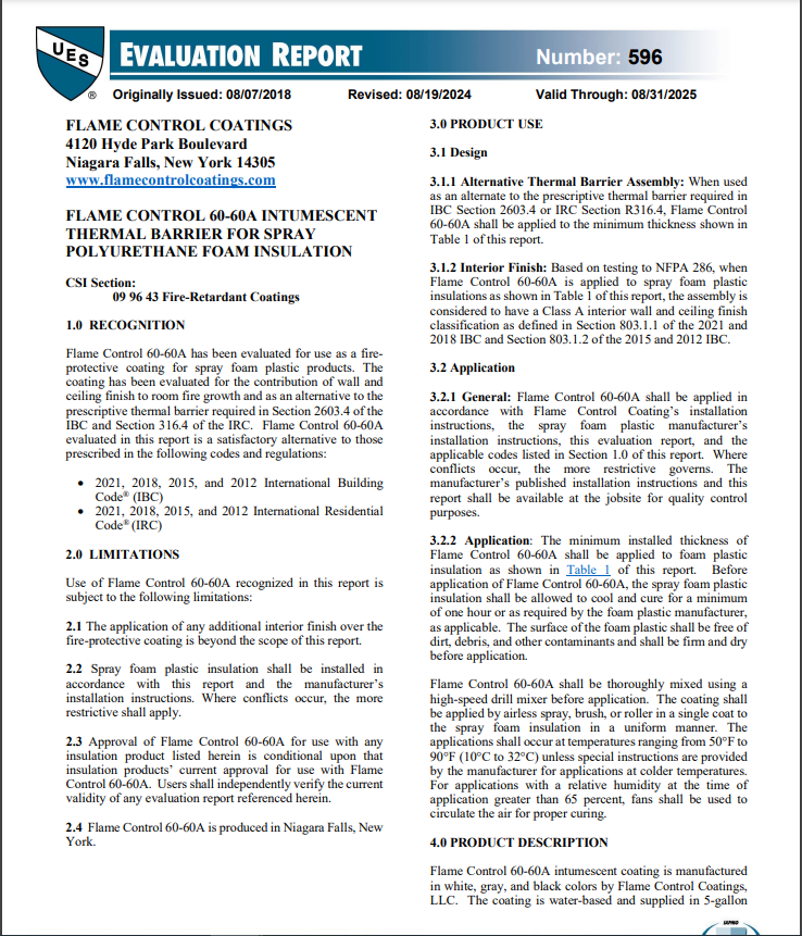 Flame Control 60-60A Evaluation Report-ER 596