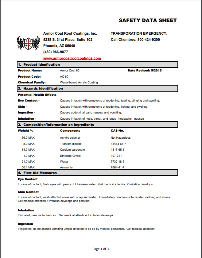 Armor Coat 60 Safety Data Sheet (SDS)