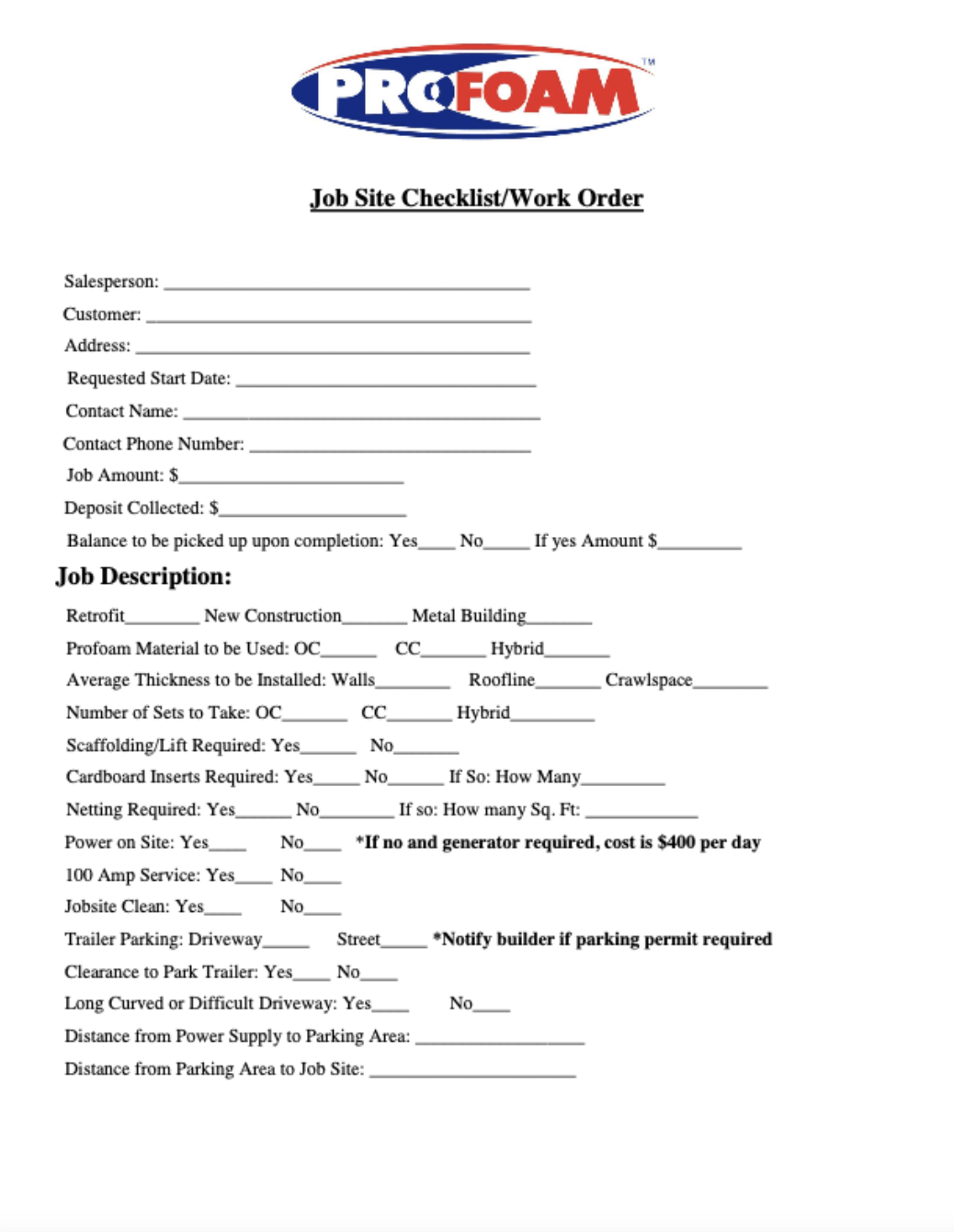 Profoam Jobsite Checklist-Work Order