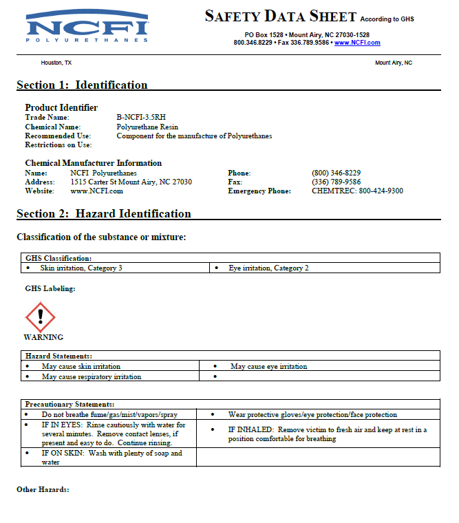 NCFI B-3.5RH Safety Data Sheet (SDS)