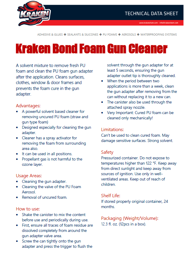 Kraken Bond Foam Gun Cleaner Technical Data Sheet (TDS)