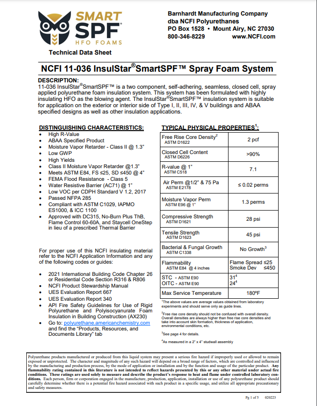 NCFI 11-036 InsulStar Spray Foam Technical Data Sheet (TDS)