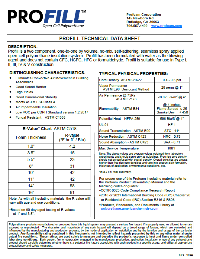 Profoam ProFill Open Cell Technical Data Sheet (TDS)