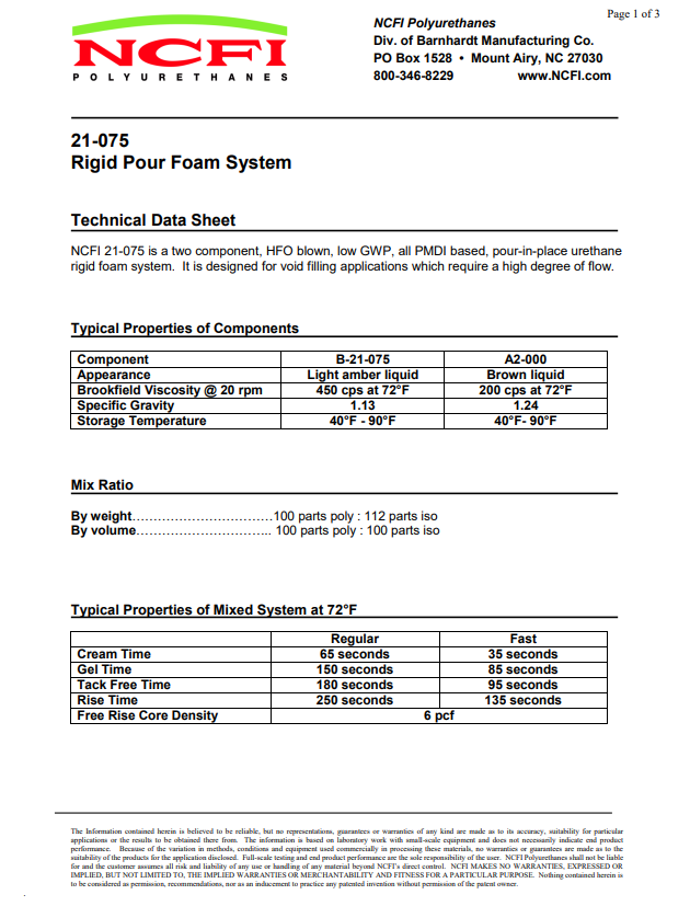 NCFI 21-075 Rigid Pour Foam System Technical Data Sheet (TDS)