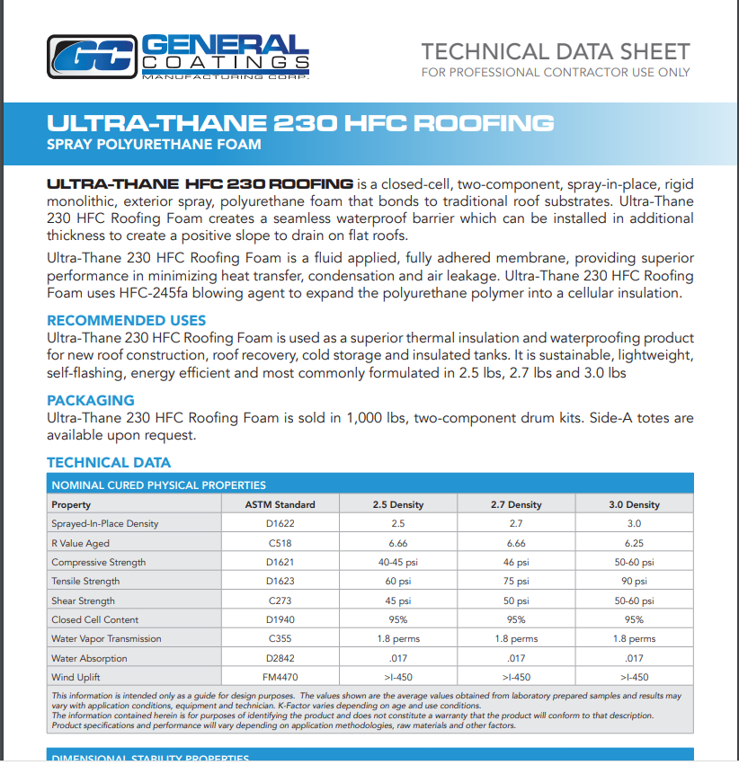 Ultra-Thane 230 HFC Roofing Technical Data Sheet (TDS)