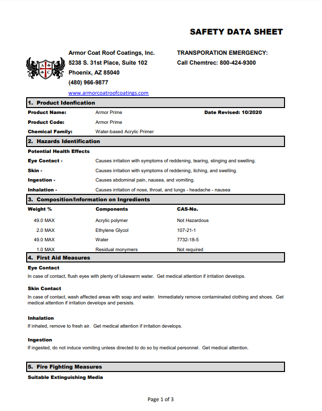 Armor Coat Armor Prime Safety Data Sheet (SDS)