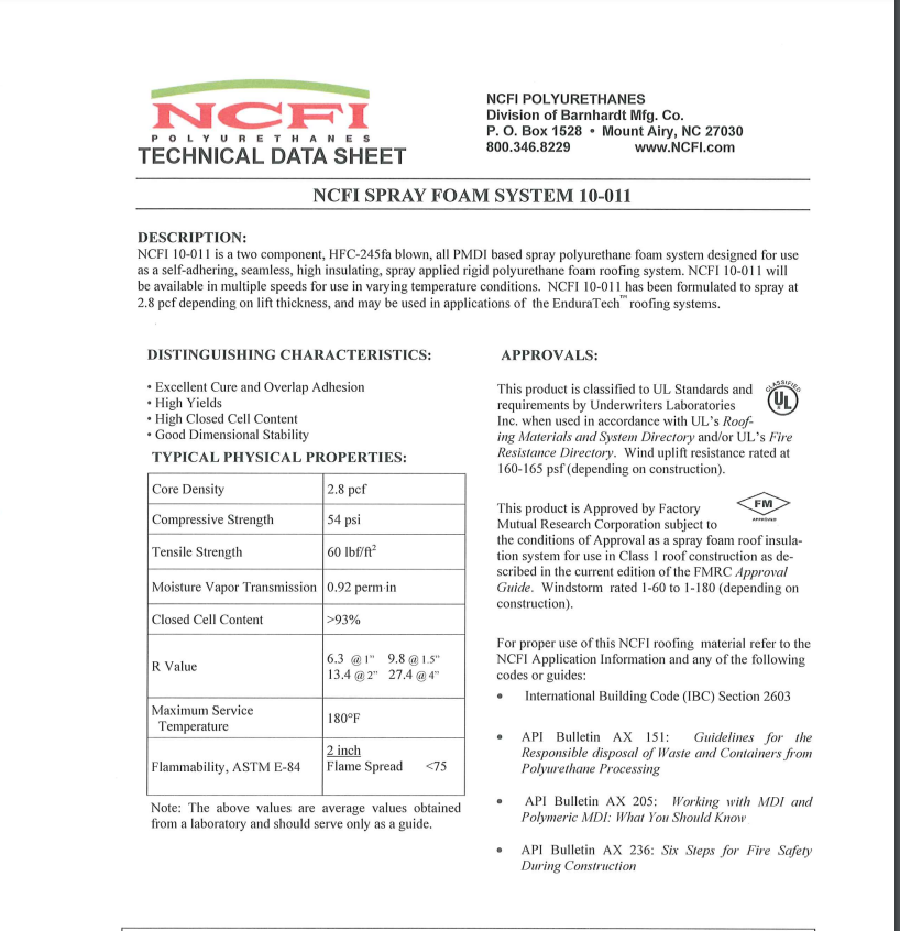 NCFI Spray Foam System 10-011 Technical Data Sheet (TDS)