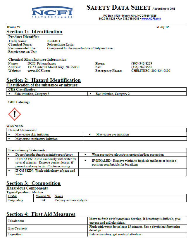 NCFI B-24-003 Safety Data Sheet (SDS)