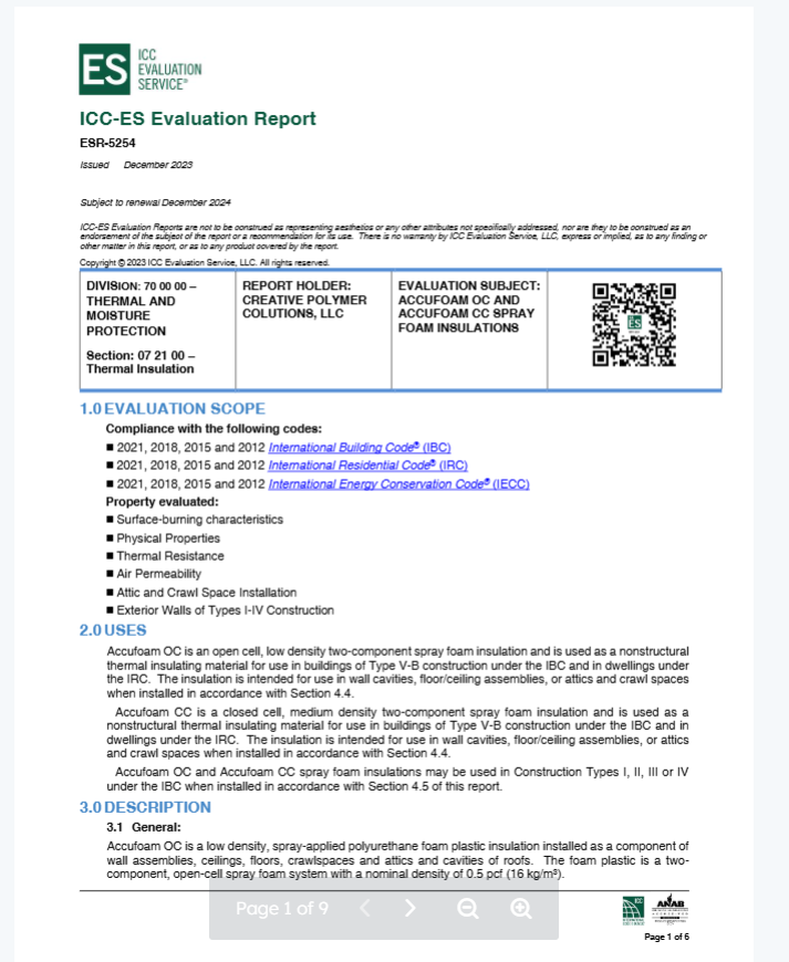 Accufoam Open Cell/ Closed Cell Evaluation Report- ESR-5254