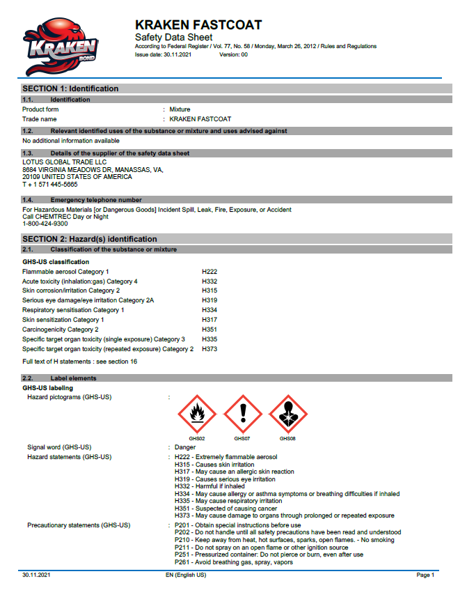 Kraken Bond FastCoat Insulation Safety Data Sheet (SDS)