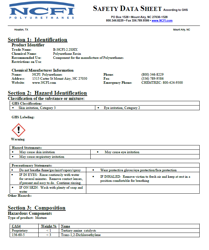 NCFI B-2.2SHX Safety Data Sheet (SDS)