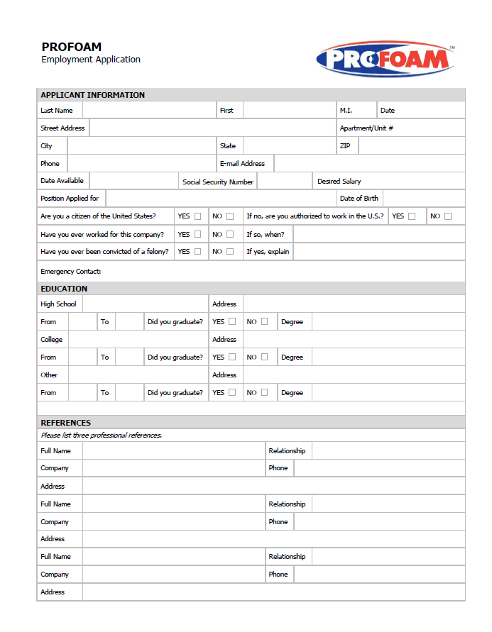 Profoam Employment Application