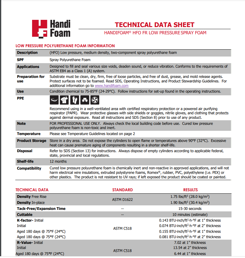 Handi-Foam HFO FR Low Pressure Spray Foam Technical Data Sheet (TDS)