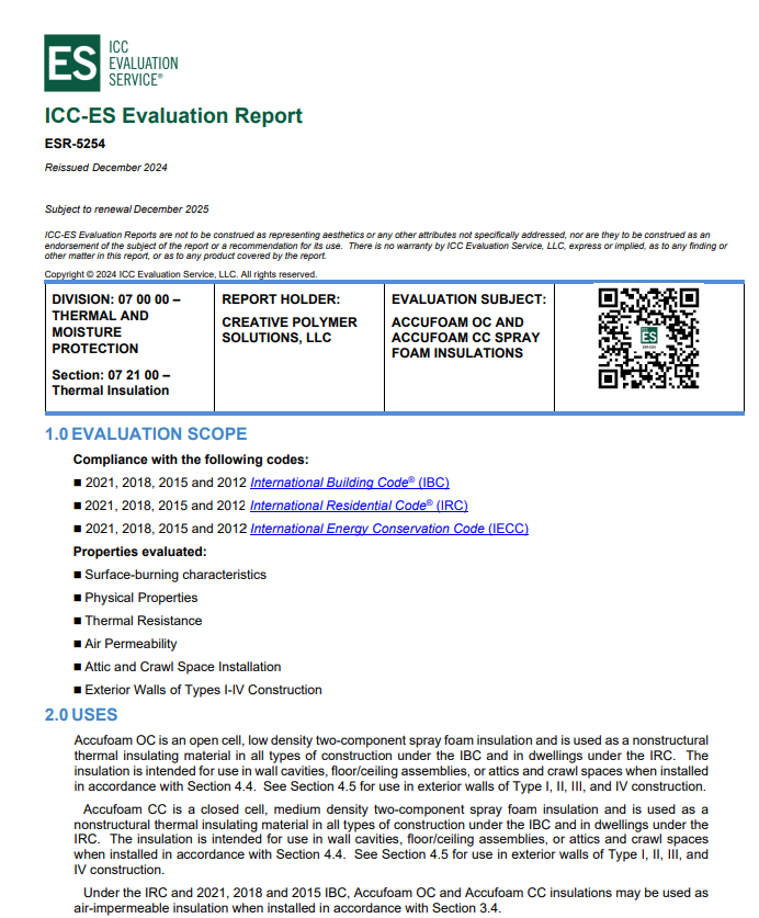 Accufoam Open Cell/ Closed Cell Evaluation Report- ESR-5254