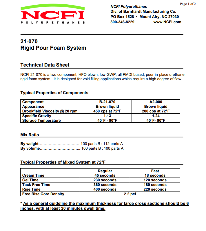 NCFI 21-070 Rigid Pour Foam System Technical Data Sheet (TDS)