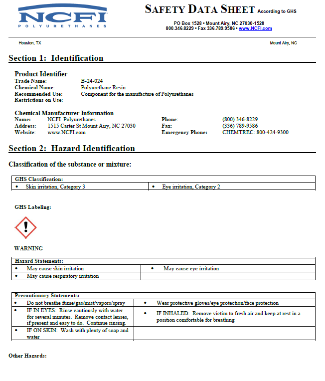 NCFI B-24-024 Safety Data Sheet (SDS)