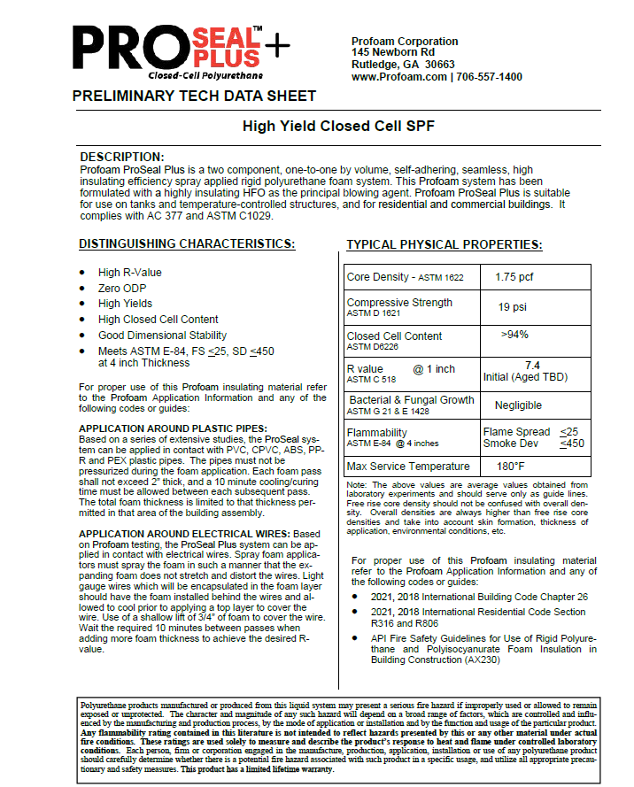 Profoam ProSeal Plus 1.7# HFO High Yield Technical Data Sheet (TDS)