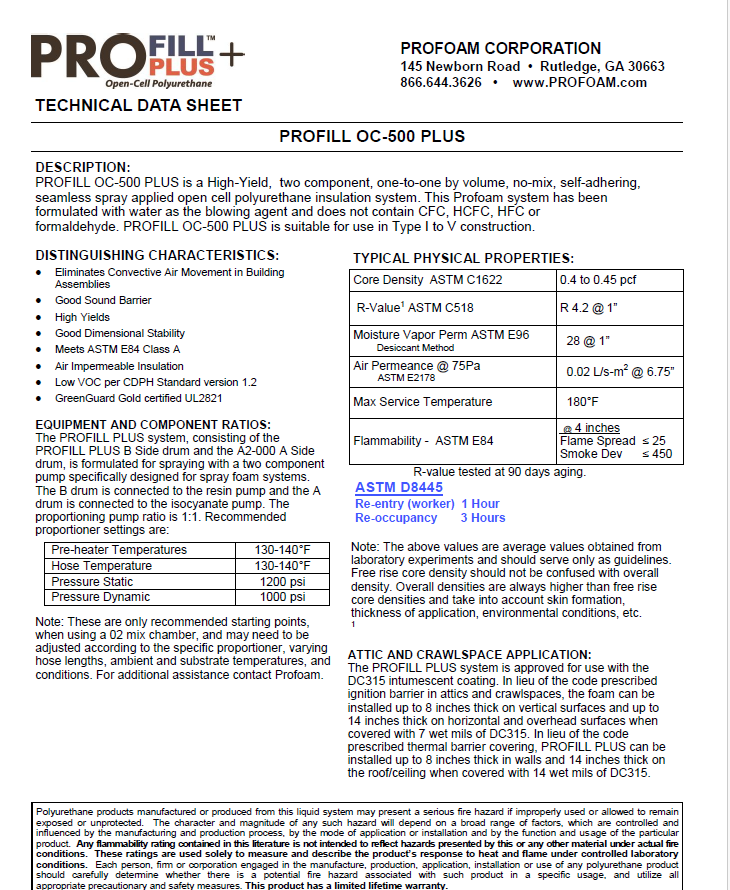 Profoam ProFill Plus High Yield Open Cell Technical Data Sheet (TDS)