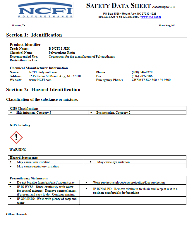 NCFI B-3.5RH Safety Data Sheet (SDS)