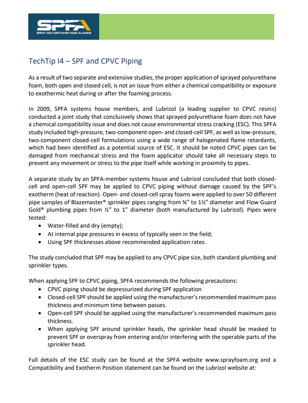 SPFA TechTip I4-SPF and CPVC Piping