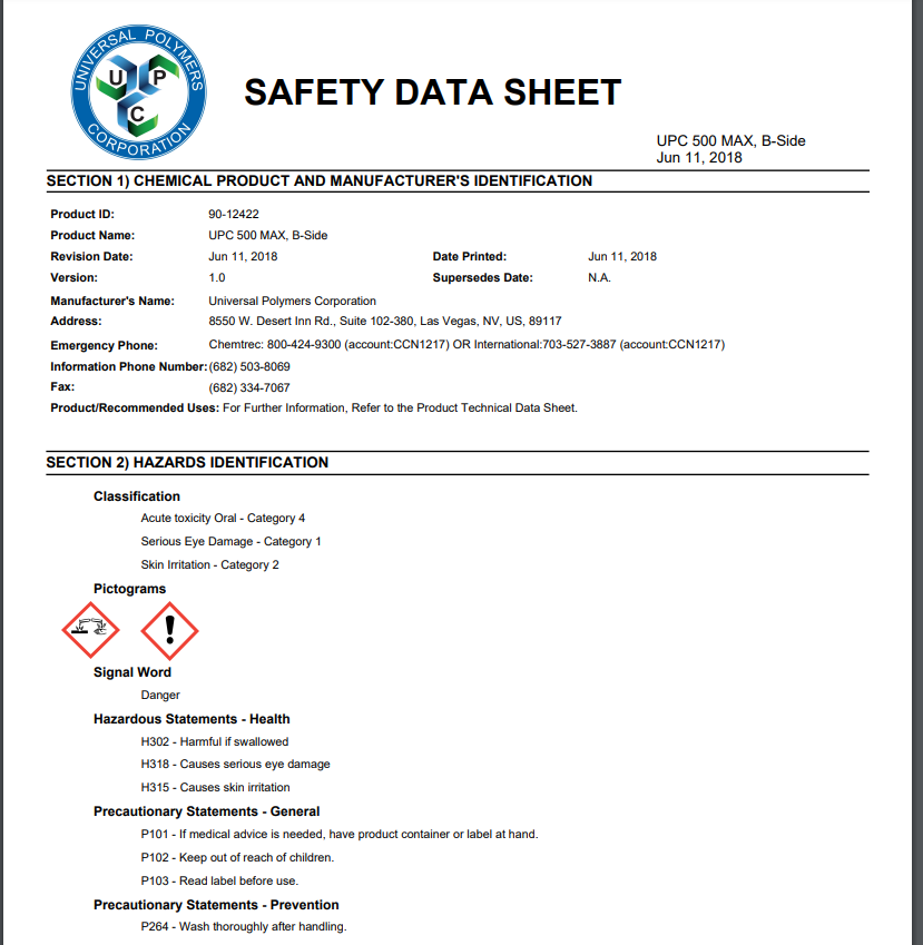 UPC 500 Max/ Pro B Side Safety Data Sheet (SDS)
