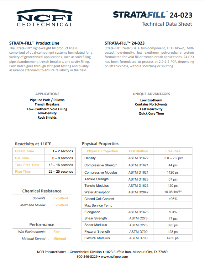 NCFI Strata-Fill 24-023 Technical Data Sheet (TDS)