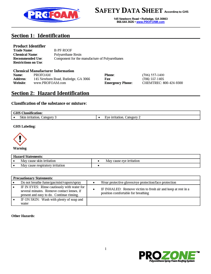 Profoam ProZone Safety Data Sheet (SDS)