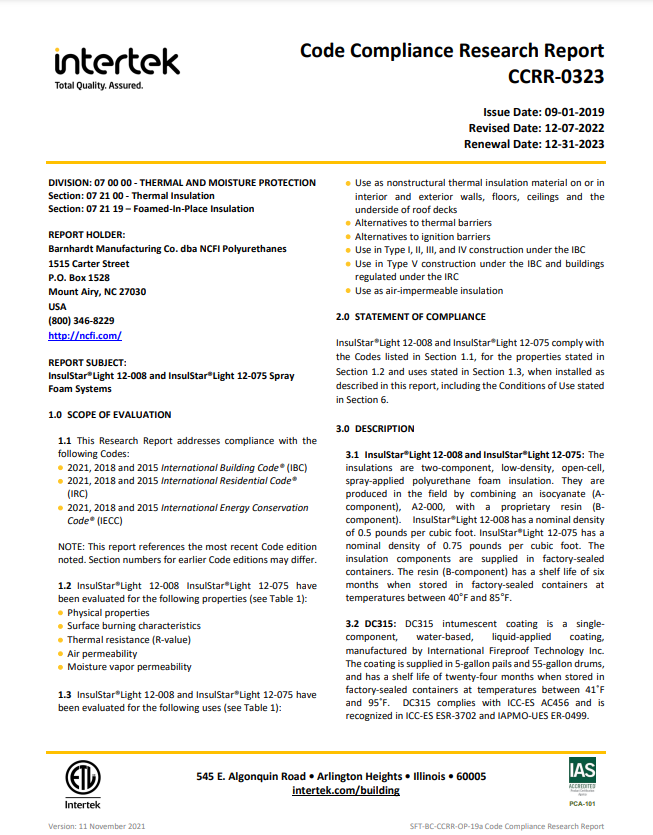 NCFI InsulStar Light OC Compliance Report 2023