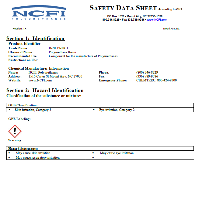 NCFI B-5RH Safety Data Sheet (SDS)
