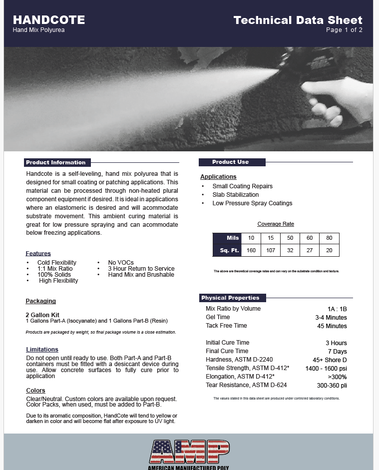 AMP HandCote Polyurea Technical Data Sheet (TDS)