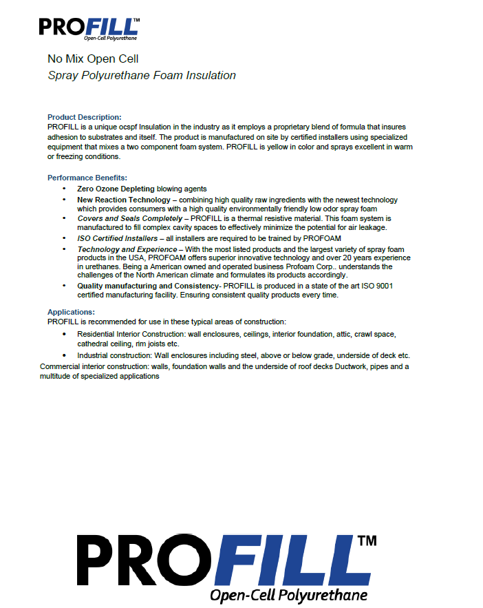 Profoam ProFill - No Mix Open Cell Technical Data Sheet (TDS)