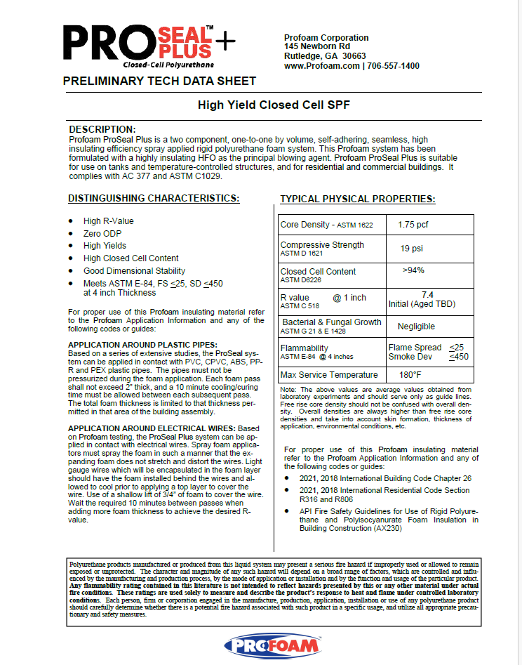 Profoam ProSeal Plus HFO High Yield 1.7# Technical Data Sheet (TDS)