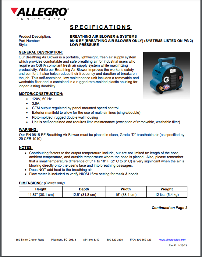 Allegro 9815-EF Specification Sheet