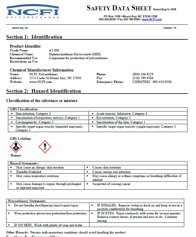 NCFI A2-000 A Side Safety Data Sheet (SDS)