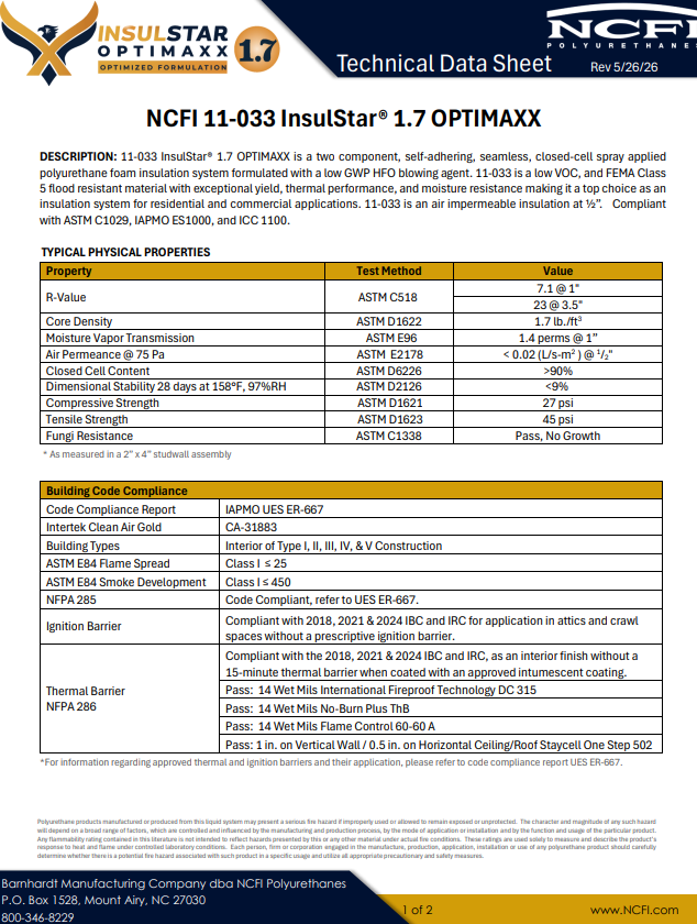 NCFI 11-033-InsulStar Optimaxx 1.7 Technical Data Sheet (TDS)