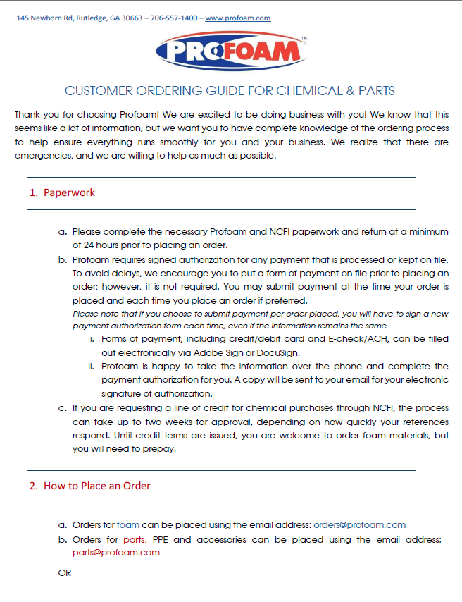Profoam Customer Ordering Guide