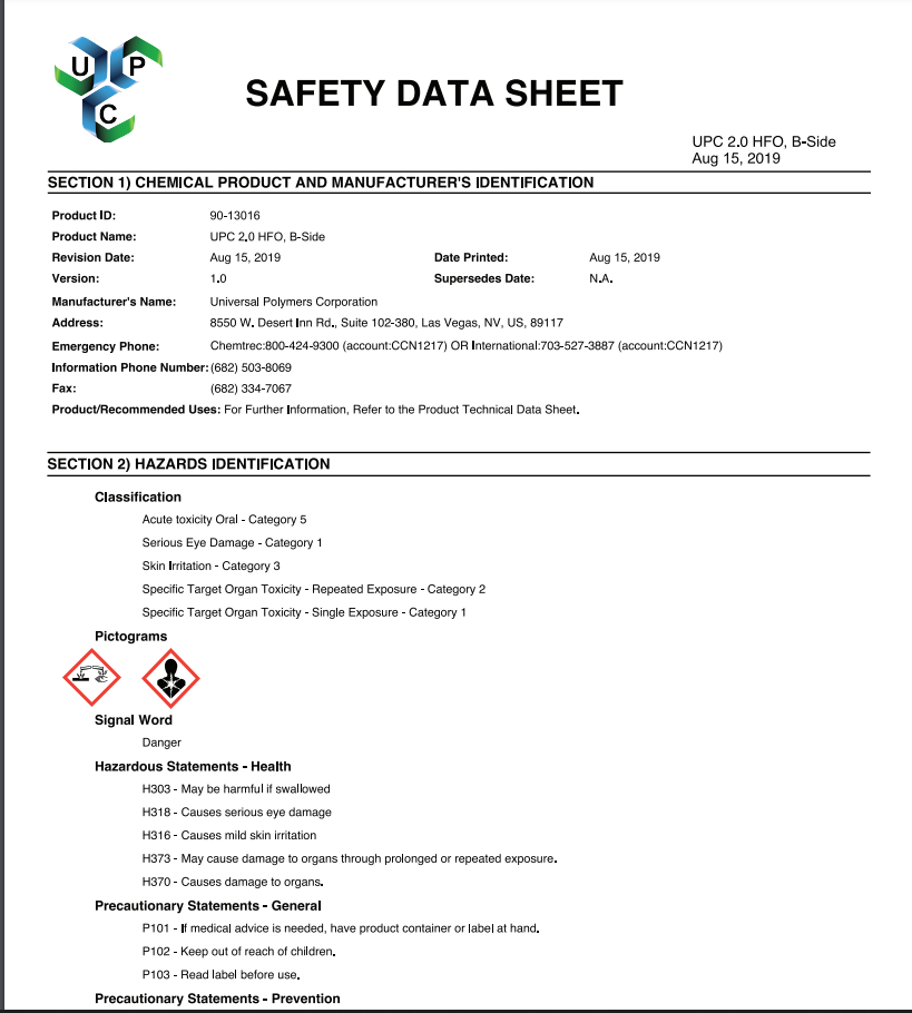 UPC 2.0 HFO Safety Data Sheet (SDS)