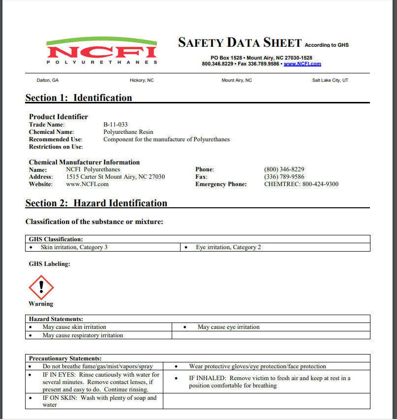 NCFI 11-033 Safety Data Sheet (SDS)
